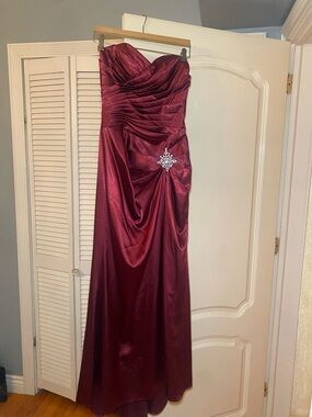 Cinderella Strapless Burgundy Evening Gown with Rhinestone Accent
